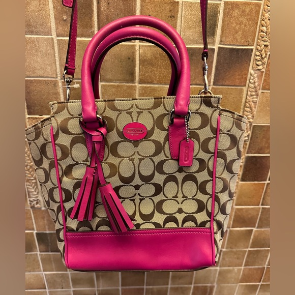 Darling Coach bag 9" H 8" W 3" A In bright pink leather & tan fabric Great cond. - Picture 1 of 7